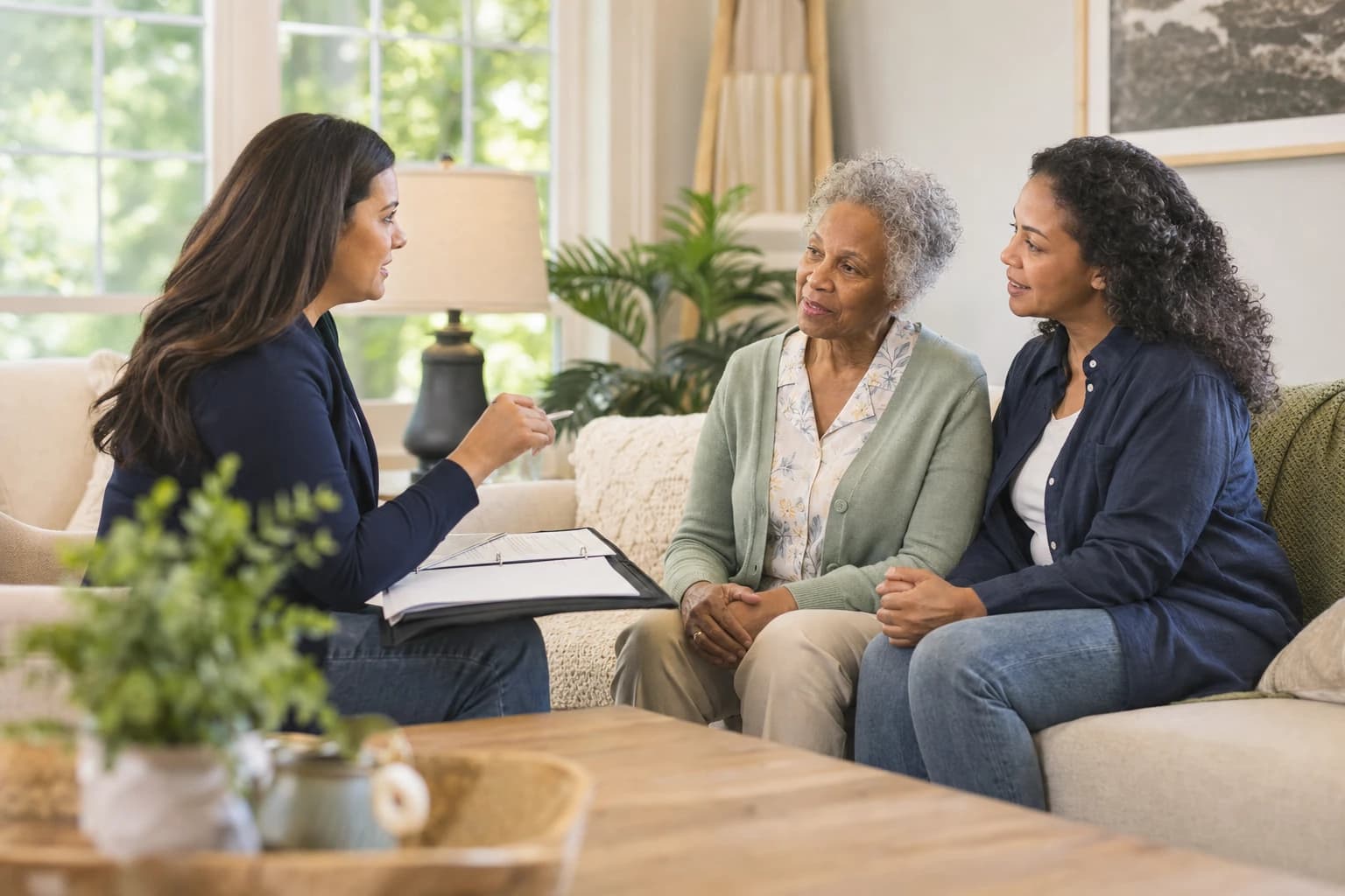 An Alabama family discussing a homecare plan with a care coordinator serving families in DeKalb County, AL