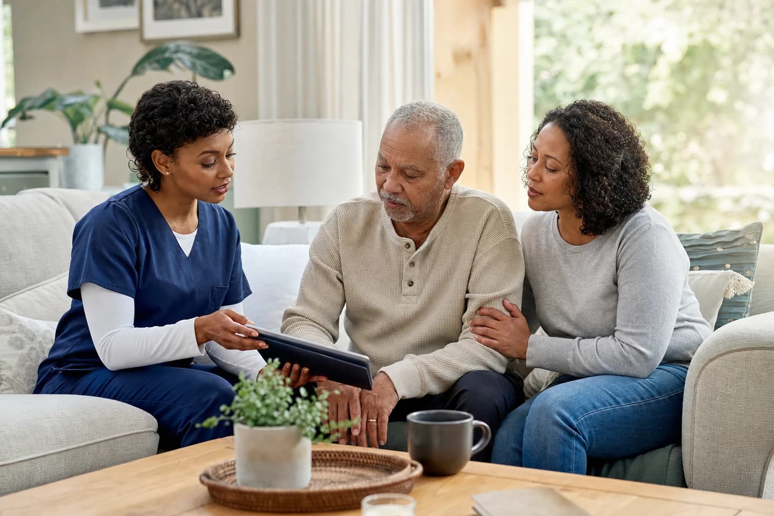 A Georgia family reviewing a homecare plan with a nurse at home serving families in Clayton County, GA