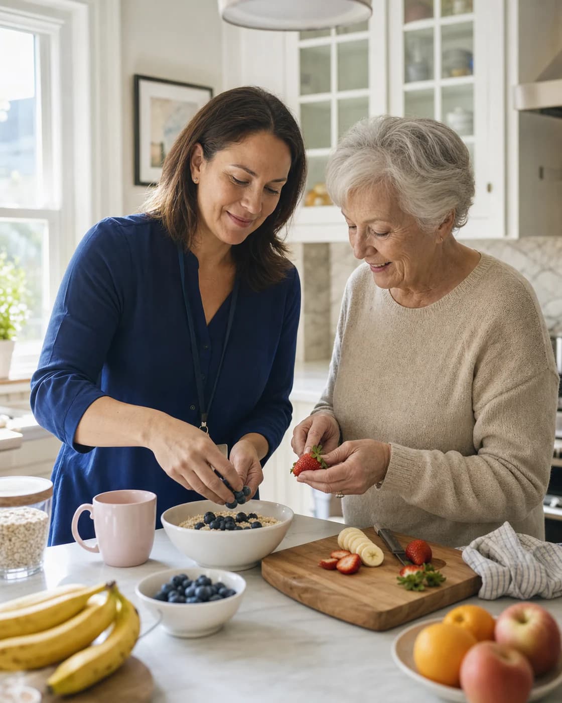 A caregiver preparing a healthy breakfast with an older adult at home