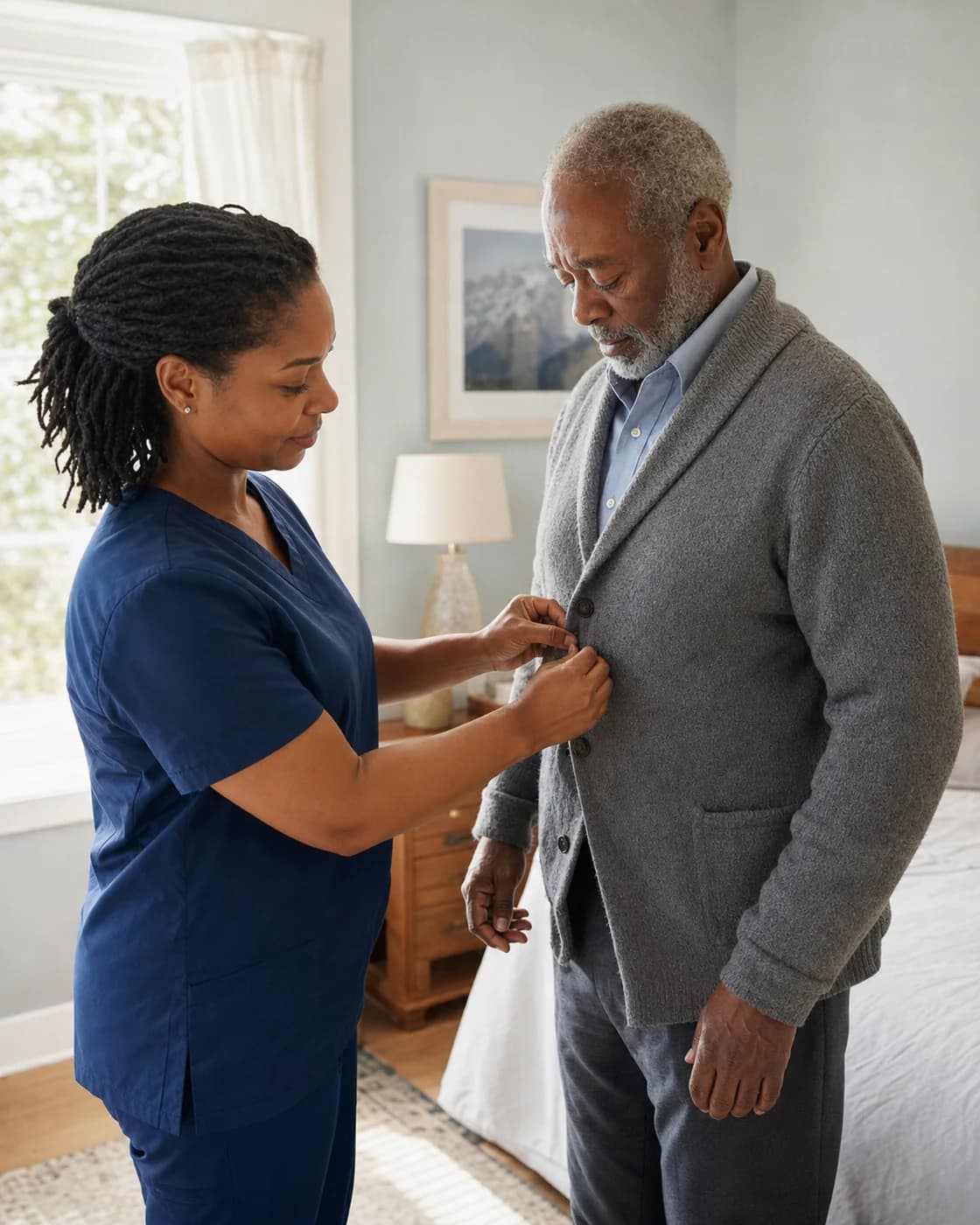 A home health aide helping an older woman stand safely with her walker