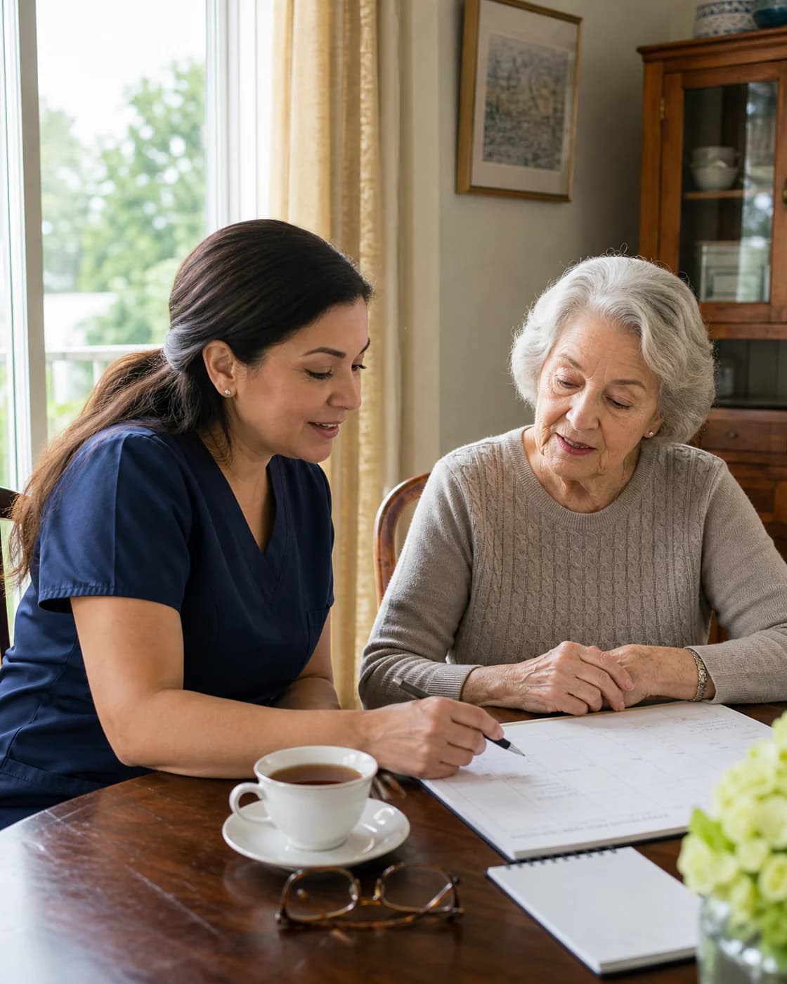 A home caregiver discussing a care plan with an older Nassau County couple