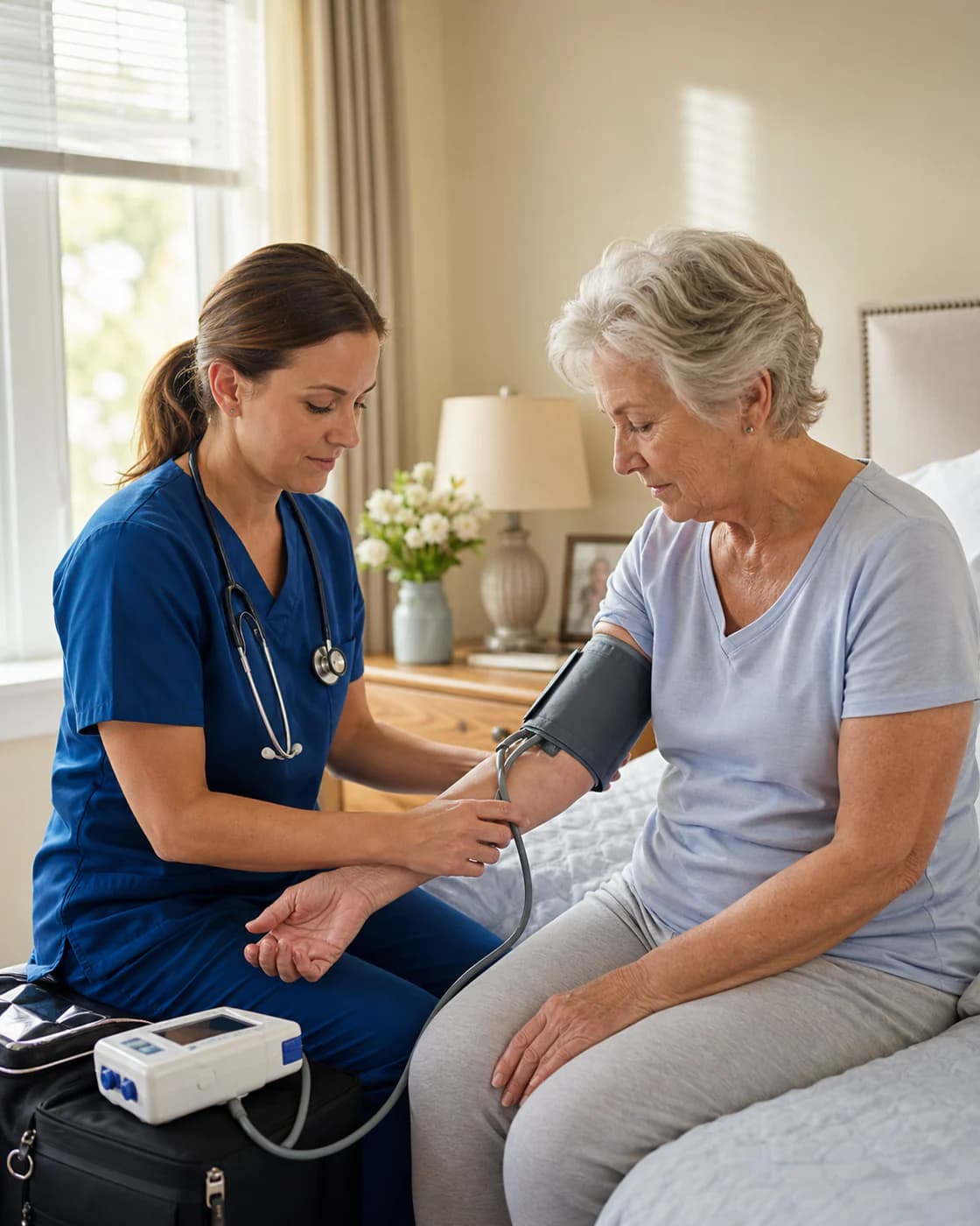 A private duty nurse providing calm one-to-one clinical support at home
