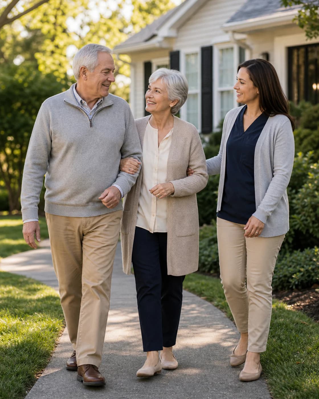 A senior caregiver walking with an older woman outside her home