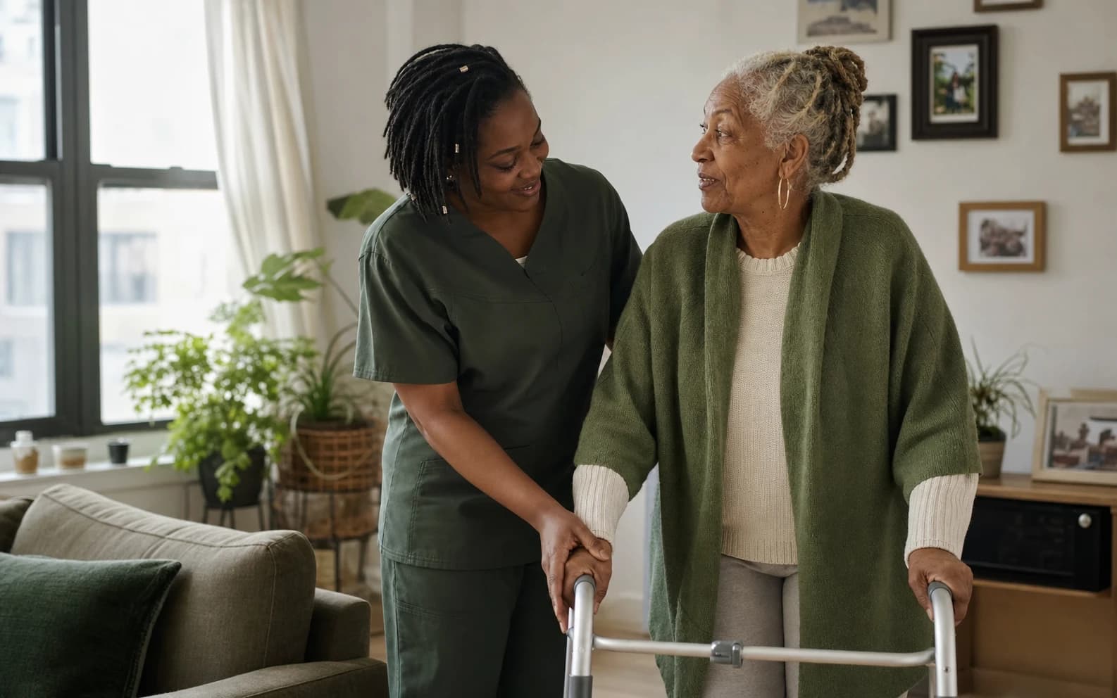A home health aide helping an older woman stand safely with her walker in Queens County