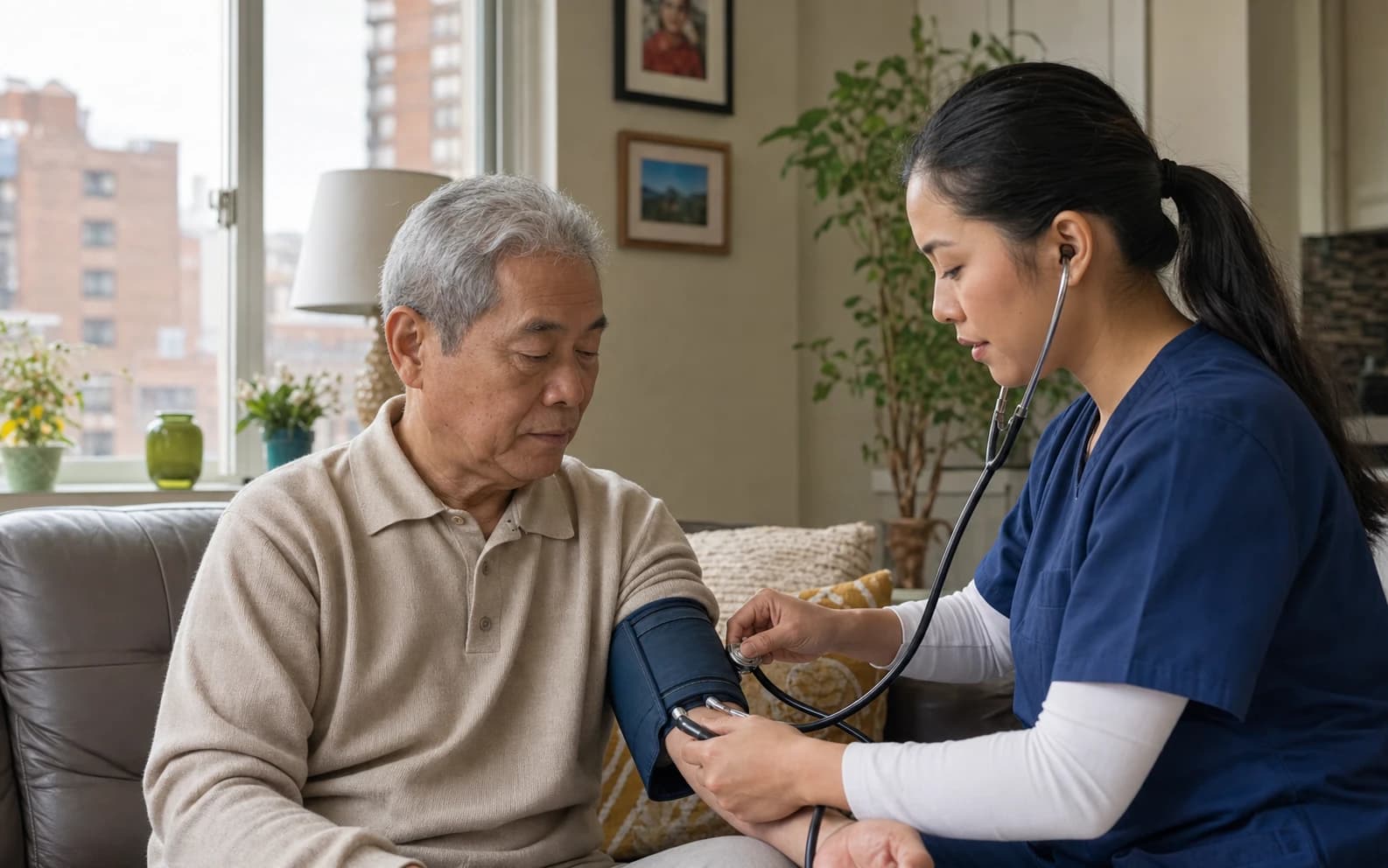A private duty nurse providing calm one-to-one clinical support at home in Queens County