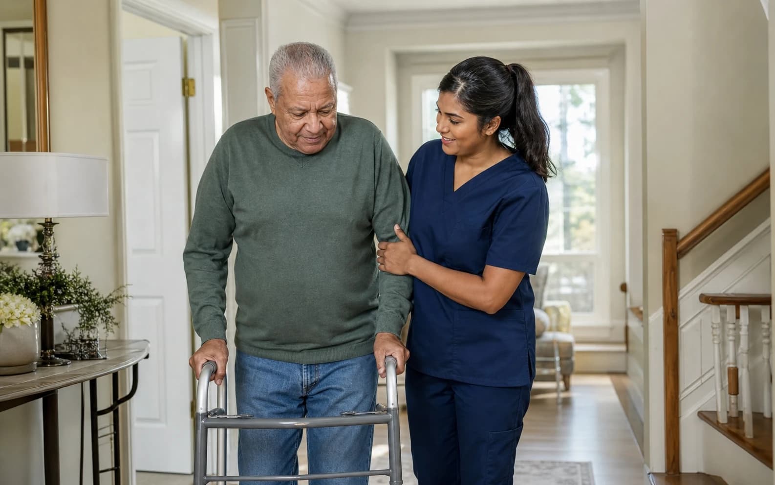 A home health aide helping an older woman stand safely with her walker in Suffolk County