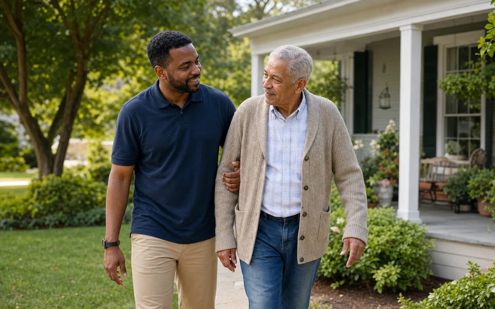 A senior caregiver walking with an older woman outside her home in Suffolk County