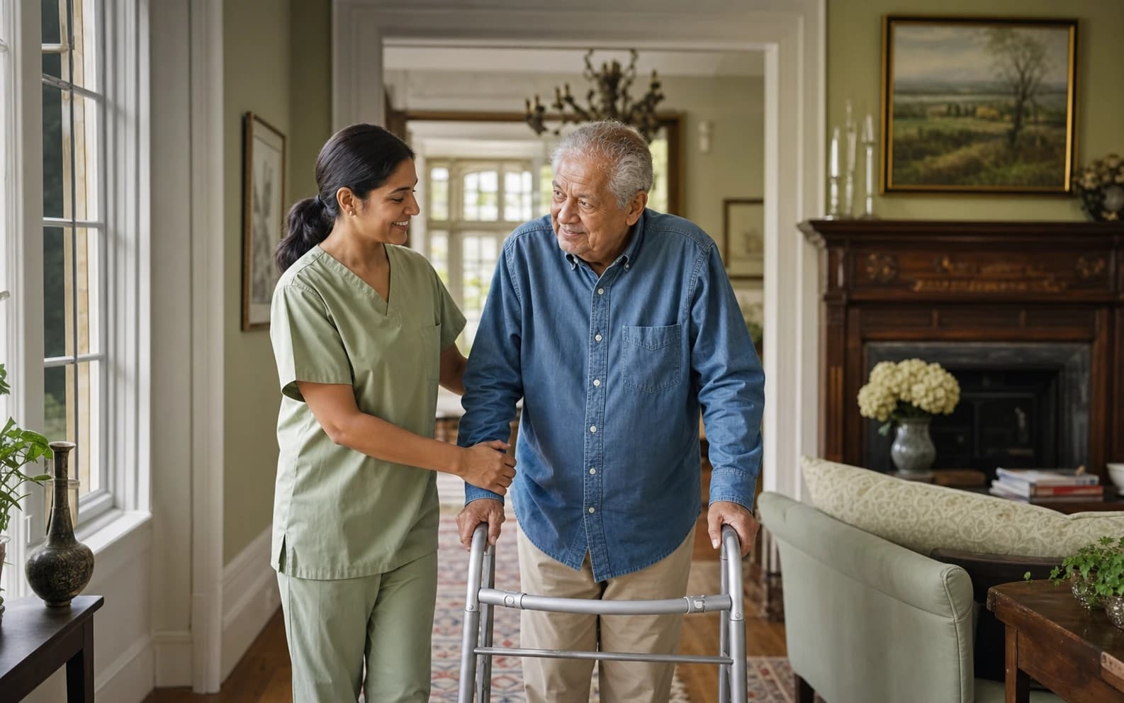 A home health aide helping an older woman stand safely with her walker in Westchester County
